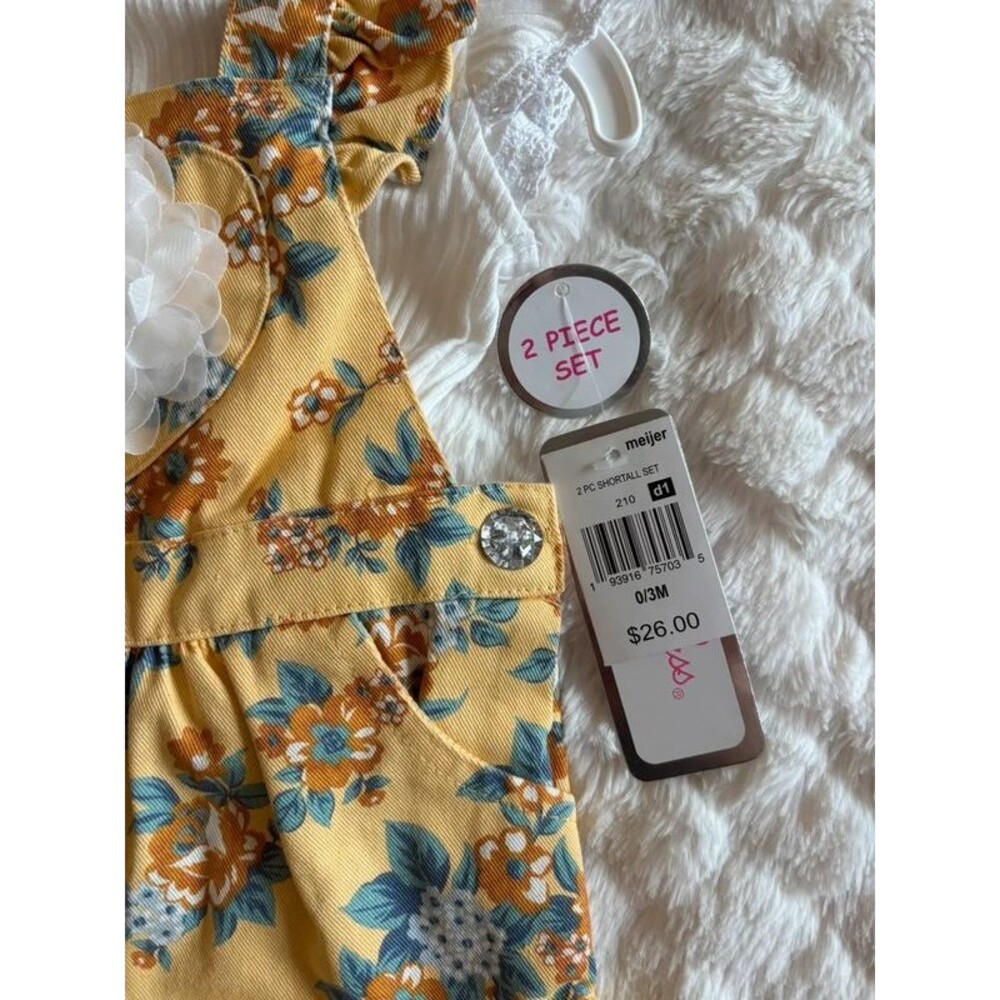 Baby Girl Yellow Floral Denim Ruffle 2 Piece Outfit Set - Picture 3 of 4